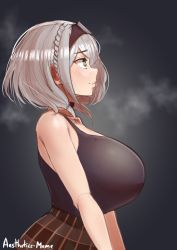 Rule 34 | 1girl, absurdres, aestheticc-meme, artist name, bare shoulders, black background, black shirt, blush, braid, breasts, choker, collarbone, commentary, crop top, english commentary, english text, from side, grey hair, heart, heart-shaped pupils, highres, hololive, huge breasts, shirogane noel, shirogane noel (casual), shirt, short hair, side braid, skirt, sleeveless, solo, steam, steaming body, symbol-shaped pupils, tiara, virtual youtuber