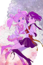 Rule 34 | 1990s (style), 2girls, alternate eye color, bishoujo senshi sailor moon, bishoujo senshi sailor moon s, blue eyes, bob cut, boots, bow, brooch, chibi usa, choker, circlet, cone hair bun, constellation, cross-laced footwear, doily, earrings, hair bun, hair ornament, hairclip, heart, heart brooch, high heels, highres, holding hands, interlocked fingers, jewelry, knee boots, lace-up boots, looking at viewer, multicolored clothes, multicolored skirt, multiple girls, okay okayu, pink bow, pink footwear, purple footwear, purple hair, purple skirt, red bow, retro artstyle, sailor chibi moon, sailor saturn, sailor senshi, short hair, skirt, star (symbol), super sailor chibi moon, tomoe hotaru, twintails