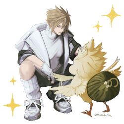 Rule 34 | 1boy, almondtofu boy, alternate costume, blonde hair, chocobo, closed mouth, cloud strife, commentary, final fantasy, final fantasy vii, fingerless gloves, flapping, gloves, hair between eyes, highres, jacket, loose socks, male focus, open clothes, open jacket, ribbed socks, ribbed sweater, short hair, simple background, smile, socks, sparkle, spiked hair, squatting, sweater, symbol-only commentary, turtleneck, turtleneck sweater, twitter username, white background, white gloves, white socks, white sweater