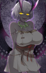 Rule 34 | 1girl, absurdres, arms behind back, bare shoulders, blush, breasts, cleavage, collarbone, colored skin, cosplay, dress, fate/grand order, fate (series), glasses, glowing, glowing eyes, grey hair, grey skin, highres, himiko (fate), himiko (fate) (cosplay), himiko (first ascension) (fate), horns, jacques de molay (foreigner) (fate), jacques de molay (foreigner) (third ascension) (fate), jewelry, large breasts, looking at viewer, magatama, magatama necklace, necklace, open mouth, sash, short hair, side slit, sideboob, smile, solo, sotomichi, thighs, white dress, wings, yellow eyes