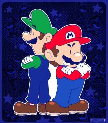 Rule 34 | 2boys, back, big nose, black eyes, blue overalls, brothers, brown footwear, brown hair, clenched teeth, collared shirt, crossed arms, facial hair, gloves, green hat, green shirt, hat, long sleeves, luigi, male focus, mario, mario (series), mayo (funnyhoohooman), multiple boys, mustache, nintendo, open mouth, overalls, red hat, shirt, shoes, siblings, smile, standing, teeth, white gloves