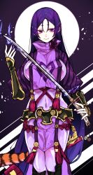 Rule 34 | 1girl, absurdres, blush, bodysuit, bora musume, breasts, covered navel, fate/grand order, fate (series), fingerless gloves, gloves, highres, holding, holding sword, holding weapon, huge breasts, katana, large breasts, long hair, looking at viewer, minamoto no raikou (fate), open mouth, purple eyes, purple hair, shiny clothes, smile, solo, sword, thighs, very long hair, weapon