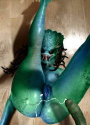 Rule 34 | 1boy, 1girl, aftersex, alien, ass, blue skin, breasts, colored skin, cum, dreadlocks, ejaculation, fangs, green skin, monster, monster girl, multicolored skin, nipples, nude, penis, predator (character), pussy, smile, tagme, third-party edit, uncensored, yellow eyes