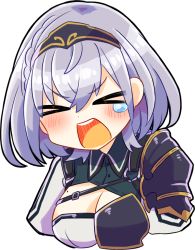 Rule 34 | &gt; &lt;, 1girl, angry, armor, braid, breasts, chibi, cleavage, cleavage cutout, clothing cutout, cropped torso, french braid, hololive, large breasts, mole, mole on breast, namu76, open mouth, shirogane noel, shirogane noel (1st costume), short hair, silver hair, simple background, solo, tearing up, thick outlines, transparent background, upper body, v-shaped eyebrows, virtual youtuber, white background