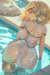 Rule 34 | 1girl, absurdres, alva, alva (artofalva), ass, back, backboob, bare shoulders, blonde hair, blue eyes, breasts, dress, dutch angle, from behind, highres, large breasts, lips, looking at viewer, looking back, nintendo, partially submerged, pointy ears, pool, princess zelda, see-through, short hair, solo, the legend of zelda, the legend of zelda: tears of the kingdom, wet, wet clothes, white dress