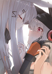 Rule 34 | 2girls, absurdres, animal ears, arknights, beanie, black gloves, blush, clenched teeth, closed eyes, ears through headwear, fox ears, fox girl, from side, frostleaf (arknights), frostnova (arknights), gloves, grey hair, hair ornament, hair over one eye, hairclip, hand on another&#039;s cheek, hand on another&#039;s face, hat, headphones, highres, implied extra ears, long hair, multiple girls, parted lips, profile, rabbit ears, rabbit girl, red eyes, red nails, simple background, suzubotan, sweatdrop, teeth, upper body, white background, yuri