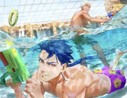Rule 34 | 3boys, archer (fate), archer (water gun battle) (fate), artist request, blue hair, commentary request, cu chulainn (fate), cu chulainn (fate/stay night), cu chulainn (water gun battle) (fate), dark skin, earrings, fate/grand order, fate (series), fingering, floral print, gilgamesh (fate), gilgamesh (water gun battle) (fate), green male swimwear, green swim trunks, grey eyes, hibiscus print, highres, holding, holding water gun, indoors, innertube, jewelry, long hair, looking at viewer, looking away, male focus, male swimwear, multicolored male swimwear, multicolored swim trunks, multiple boys, official alternate costume, ohhagi 4423, partially submerged, partially underwater shot, ponytail, pool, print male swimwear, print swim trunks, purple male swimwear, red eyes, short hair, shorts, smile, submerged, swim ring, swim trunks, swimming, swimsuit, teeth, toned, toned male, underwater, wading, water, water gun, white hair, yellow male swimwear, yellow swim trunks