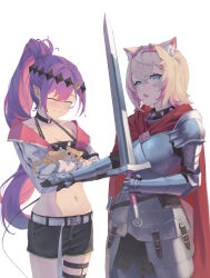 Rule 34 | absurdres, alternate costume, animal ears, armor, barbell piercing, belt, belt pouch, black bustier, black choker, black gloves, black shorts, blonde hair, blue eyes, blush, bustier, cape, cat, choker, closed eyes, collar, colored inner hair, cropped jacket, crossed bangs, demon girl, demon tail, dog ears, dog girl, ear piercing, fang, frown, gloves, gradient hair, hair between eyes, hair ornament, headband, highres, holding, holding sword, holding weapon, hololive, hololive english, industrial piercing, jacket, knight, long hair, long sleeves, looking at viewer, midriff, mococo abyssgard, multicolored hair, navel piercing, o-ring, o-ring choker, official alternate costume, open clothes, open jacket, open mouth, piercing, pink hair, pink headband, pointy ears, pouch, protecting, purple hair, red cape, revil0l, short hair, short shorts, shorts, skin fang, smile, spiked collar, spikes, standing, stomach, streaked hair, sword, tail, thigh strap, tiara, tokoyami towa, tokoyami towa (1st costume), virtual youtuber, weapon, white background, white belt, white jacket, x hair ornament
