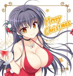 Rule 34 | 1girl, ahoge, alcohol, alternate costume, arisue tsukasa, bare shoulders, black choker, black hair, bow, braid, breasts, choker, christmas, cleavage, closed mouth, collarbone, commentary request, cup, dress, drinking glass, earrings, eyelashes, eyes visible through hair, floating hair, formal, french braid, gem, hair between eyes, hair bow, hair intakes, hair ornament, halterneck, hand up, holding, holding cup, huge breasts, jewelry, jougasaki ayaka, kin-iro loveriche, leaf hair ornament, long hair, looking at viewer, merry christmas, mistletoe, official art, pom pom (clothes), pom pom hair ornament, red bow, red dress, red gemstone, ringed eyes, simple background, single braid, sleeveless, sleeveless dress, smile, solo, split mouth, star (symbol), upper body, very long hair, white background, white bow, white wrist cuffs, wine, wine glass, wrist cuffs, yellow eyes