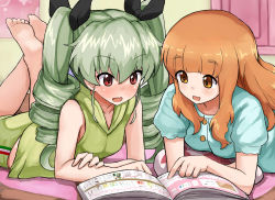 Rule 34 | 10s, 2girls, absurdres, alternate costume, anchovy (girls und panzer), bare shoulders, barefoot, black ribbon, blush, book, buttons, catalog, drill hair, girls und panzer, green hair, hair ribbon, highres, indoors, legs up, long hair, lying, multiple girls, okitsugu, on stomach, open book, open mouth, orange eyes, orange hair, pajamas, pointing finger, red eyes, ribbon, short sleeves, takebe saori, twin drills, twintails, wavy mouth