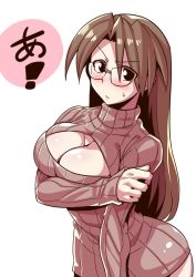 Rule 34 | 1girl, a (phrase), arm under breasts, azumanga daiou, black eyes, blush, breasts, brown hair, cleavage, contrapposto, embarrassed, glasses, grabbing own arm, large breasts, long hair, looking at viewer, meme attire, mizuhara koyomi, open-chest sweater, ribbed sweater, simple background, solo, standing, sweatdrop, sweater, tukiwani, white background