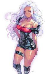 Rule 34 | 1girl, ain (megami tensei), bare shoulders, black dress, commentary request, dark skin, dress, feet out of frame, forehead, highres, long hair, looking at viewer, matsuda (matsukichi), megami tensei, microdress, off-shoulder dress, off shoulder, pencil dress, purple eyes, shin megami tensei, shin megami tensei: 20xx, short sleeves, solo, standing, thigh strap, thighs, very long hair, white hair