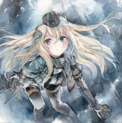 Rule 34 | 1044kiro, 10s, 1girl, :o, blonde hair, blue eyes, cropped jacket, garrison cap, hat, highres, holding, kantai collection, long hair, long sleeves, military, military uniform, painting (medium), puffy long sleeves, puffy sleeves, solo, traditional media, u-511 (kancolle), underwater, uniform, water, watercolor (medium)