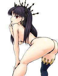 Rule 34 | 1girl, ass, asymmetrical clothes, asymmetrical legwear, black hair, black panties, blush, crown, earrings, fate/grand order, fate (series), hair ribbon, hoop earrings, ishtar (fate), jadf, jewelry, long hair, panties, red eyes, ribbon, shiny skin, simple background, single thighhigh, solo, thighhighs, tohsaka rin, topless, transparent background, twintails, two side up, underwear, uneven legwear, white background