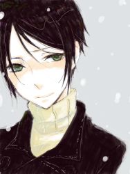 Rule 34 | 00s, androgynous, black hair, gender request, green eyes, grey background, male focus, nabari no ou, short hair, smile, snow, snowing, solo, swept bangs, yoite