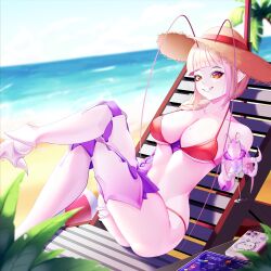 Rule 34 | 1girl, absurdres, arthropod girl, beach, bikini, breasts, cellphone, cleavage, cockroach girl, crossed legs, cup, hat, highres, holding, holding cup, large breasts, long hair, looking at viewer, matara kan, mats kuro, monster girl, phone, red bikini, red eyes, sand, short hair, smartphone, smile, solo, straw hat, swimsuit, vshojo, water