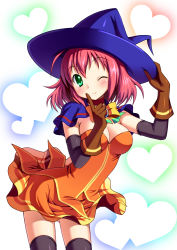 Rule 34 | 1girl, adjusting clothes, adjusting headwear, alice wishheart, black thighhighs, bow, breasts, bucchake (asami), choker, dress, gloves, green eyes, hat, heart, heart background, magical halloween, one eye closed, orange dress, orange skirt, pink hair, pointing, ribbon, short hair, skirt, smile, solo, thighhighs, wink, witch hat, yellow bow