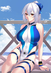 Rule 34 | 1girl, bare shoulders, blue bow, blue one-piece swimsuit, bow, breasts, fate/grand order, fate (series), hair between eyes, hair bow, highleg, highleg swimsuit, highres, kurozawa yui, large breasts, long hair, looking at viewer, nail polish, one-piece swimsuit, ponytail, red eyes, silver hair, smile, solo, swimsuit, thigh strap, thighs, tomoe gozen (fate), tomoe gozen (swimsuit saber) (fate), two-tone swimsuit, white one-piece swimsuit