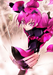 Rule 34 | 10s, 1girl, bad end happy, bad end precure, fingerless gloves, foreshortening, gloves, hoshizora miyuki, outstretched arm, outstretched hand, pink eyes, pink hair, precure, smile precure!, solo, tima