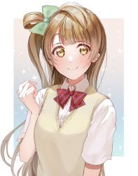 Rule 34 | 1girl, blue background, blue neckwear, blush, border, bow, bowtie, brown eyes, brown hair, brown vest, commentary, gradient background, green bow, hair bow, hand up, highres, long hair, looking at viewer, love live!, minami kotori, naarann, one side up, otonokizaka school uniform, pink background, red neckwear, school uniform, shirt, short sleeves, sidelocks, smile, solo, star (symbol), striped bow, striped bowtie, striped clothes, striped neckwear, summer uniform, sweater vest, upper body, vest, white shirt