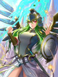 Rule 34 | 1girl, armor, athena (p&amp;d), bracer, dress, green hair, helmet, highres, kisina, long hair, looking at viewer, nail polish, polearm, puzzle &amp; dragons, red eyes, sheath, sheathed, shield, solo, spear, sword, weapon, wings
