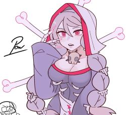 Rule 34 | 1girl, annie&#039;s mother (skullgirls), annie (skullgirls), apron, bone, braid, breasts, fingernails, grey hair, hood, large breasts, long fingernails, long hair, open mouth, parted lips, pow3776, red eyes, skeletal arm, skullgirls, solo, solo focus, twin braids, upper body, white background, wide sleeves