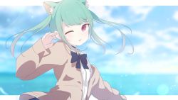 Rule 34 | 1girl, absurdres, animal ear fluff, animal ears, black bow, black choker, blurry, blurry background, blush, bow, brown cardigan, cardigan, cat ears, choker, collared shirt, day, depth of field, dress shirt, fang, green hair, hand up, highres, hololive, long hair, long sleeves, looking at viewer, multicolored hair, okota mikan, one eye closed, open cardigan, open clothes, parted lips, pink hair, red eyes, shirt, sleeves past wrists, solo, streaked hair, twintails, uruha rushia, uruha rushia (school uniform), virtual youtuber, white shirt