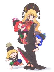 Rule 34 | 4girls, aged down, black dress, black footwear, black hat, black shirt, blonde hair, blue hair, breasts, child, closed mouth, clothes lift, dress, dress lift, earth (ornament), hat, hecatia lapislazuli, hecatia lapislazuli (earth), itatatata, junko (touhou), long hair, medium breasts, miniskirt, moon (ornament), multicolored clothes, multicolored skirt, multiple girls, multiple persona, red eyes, red hair, ribbon, sash, shirt, shoes, simple background, skirt, sleeves past wrists, smile, standing, t-shirt, tabard, tassel, touhou, wavy hair, white background, wide sleeves, yellow ribbon