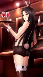 Rule 34 | 1girl, animal ears, black hair, black hairband, black shorts, brown eyes, crop top, doukyuusei, doukyuusei another world, fake animal ears, fake tail, from behind, game cg, glass, hair intakes, hairband, holding, holding plate, indoors, leotard, long hair, looking at viewer, looking back, masaki natsuko, midriff, official art, open mouth, plate, playboy bunny, rabbit ears, rabbit tail, short shorts, shorts, solo, standing, tail, thighhighs, very long hair, white thighhighs