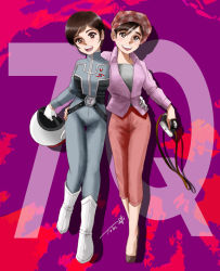 Rule 34 | 2girls, black hair, bodysuit, boots, brown eyes, camera, character request, chutohampa, gloves, grey bodysuit, grey shirt, hand on another&#039;s waist, helmet, holding, holding helmet, multiple girls, open mouth, pants, pink pants, purple shirt, shirt, short hair, signature, smile, ultra q, ultra series, ultraseven (series), white footwear, white gloves