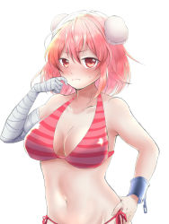 Rule 34 | 1girl, alternate costume, asa (goodikanosushi), bad id, bad pixiv id, bandaged arm, bandages, bikini, blush, breasts, bun cover, collarbone, covered erect nipples, cuffs, double bun, frown, hair between eyes, hair bun, hand on own hip, hand to own mouth, highres, ibaraki kasen, large breasts, looking at viewer, navel, pink eyes, pink hair, shackles, short hair, side-tie bikini bottom, smile, solo, stomach, striped bikini, striped clothes, swimsuit, touhou, upper body