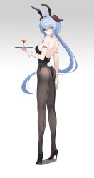 Rule 34 | absurdres, ahoge, animal ears, arm at side, arm strap, ass, bare back, black footwear, black leotard, blue hair, breasts, brown pantyhose, collar, detached collar, drink, fake animal ears, fake tail, from side, full body, ganyu (genshin impact), genshin impact, gradient background, gradient eyes, high heels, highleg, highleg leotard, highres, holding, holding tray, horns, large breasts, legs, leotard, long hair, looking at viewer, multicolored eyes, pantyhose, playboy bunny, ponytail, purple eyes, rabbit ears, rikui (rella2930), simple background, strapless, strapless leotard, tail, tray, white collar, wrist cuffs