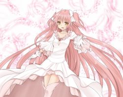Rule 34 | 10s, boots, dress, feathers, gloves, kaname madoka, light smile, lmo, long hair, mahou shoujo madoka magica, mahou shoujo madoka magica (anime), outstretched hand, pink hair, solo, spoilers, thigh boots, thighhighs, twintails, two side up, ultimate madoka, white dress, white gloves, white thighhighs, yellow eyes