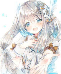 Rule 34 | 1girl, :d, blue eyes, blush, bow, commentary request, copyright request, dress, hair between eyes, hair bow, hair ornament, hair wings, hand on own chest, head wings, highres, kikka (kicca choco), light brown hair, open mouth, outstretched arm, puffy short sleeves, puffy sleeves, short sleeves, sidelocks, smile, solo, white background, white bow, white dress, white wings, wings, wrist cuffs