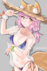Rule 34 | 1girl, animal ear fluff, animal ears, bikini, blue bikini, bracelet, breast hold, breasts, brown hair, brown hat, character name, cleavage, closed mouth, commentary request, ears through headwear, fate/grand order, fate (series), fox ears, fox tail, hair tie, hat, highres, jewelry, long hair, looking at viewer, medium breasts, navel, pink hair, see-through, shignonpencil, shirt, short sleeves, side-tie bikini bottom, smile, solo, standing, star (symbol), straw hat, sun hat, swimsuit, t-shirt, tail, tamamo (fate), tamamo no mae (fate/extra), tamamo no mae (swimsuit lancer) (fate), tamamo no mae (swimsuit lancer) (second ascension) (fate), v, yellow eyes