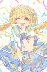 Rule 34 | 1girl, ;d, absurdres, blonde hair, blue skirt, braid, center frills, commentary request, confetti, crop top, cropped jacket, fang, frilled wristband, frills, fujita kotone, gakuen idolmaster, hair ribbon, highres, idolmaster, jacket, long hair, looking at viewer, midriff, mryung, navel, one eye closed, open mouth, reflective clothes, ribbon, skirt, smile, solo, streamers, twin braids, v, v over mouth, white jacket, yellow eyes