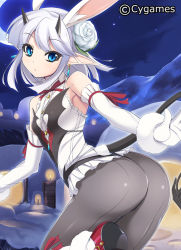 Rule 34 | 10s, 1girl, animal ears, ass, bahamut (game), bare shoulders, blue eyes, bunny lilith limil, elbow gloves, gloves, horns, lilim rimiru, looking back, mel/a, pantyhose, shingeki no bahamut, solo, tail, watermark, white hair