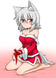 Rule 34 | 1girl, :/, animal ears, bad id, bad pixiv id, bare shoulders, barefoot, blush, breasts, cleavage, collarbone, detached sleeves, female focus, gift wrapping, inubashiri momiji, large breasts, looking at viewer, miniskirt, off shoulder, santa costume, seiza, short hair, silver hair, sitting, skirt, skirt set, solo, sumiya nadateru, sweatdrop, tail, tears, touhou, wolf ears, wolf tail, wrapped up
