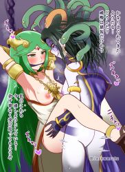 Rule 34 | 1futa, 1girl, arms behind head, arms up, breasts, clothed sex, clothes, collar, colored skin, dark green hair, futa with female, futanari, gag, gagged, grabbing, green hair, grey skin, heart, highres, japanese text, jarkwaratu, jewelry, kid icarus, leg grab, long hair, medium breasts, medusa (kid icarus), monster girl, nintendo, nipples, open clothes, palutena, partially undressed, sex, snake, snake hair, standing, standing sex, variant set