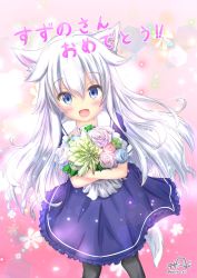 Rule 34 | 1girl, :d, animal ear fluff, animal ears, black legwear, blue dress, blue eyes, borrowed character, bouquet, commentary request, dress, fang, floral background, flower, frilled dress, frills, highres, light particles, long hair, looking at viewer, multicolored background, open mouth, original, simple background, smile, solo, tail, tezaringu, translation request, twitter username, white hair