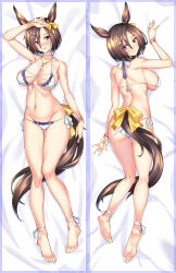 Rule 34 | 1girl, air groove (umamusume), animal ears, ankle ribbon, arm up, ass, back, bad id, bad pixiv id, barefoot, bed sheet, bikini, bikini pull, black hair, blue eyes, blush, bob cut, bow, bracelet, breasts, cleavage, closed mouth, clothes pull, commentary, dakimakura (medium), ear ribbon, from above, front-tie bikini top, front-tie top, full body, gluteal fold, groin, hair ornament, halterneck, highres, horse ears, horse girl, horse tail, jewelry, large breasts, leg ribbon, looking at viewer, looking back, lying, multiple views, navel, necklace, on back, on stomach, parted lips, pulled by self, ribbon, shirokuma a, short hair, side-tie bikini bottom, sideboob, smile, stomach, string bikini, swept bangs, swimsuit, tail, thigh gap, umamusume, underboob, white bikini, white chemise, white ribbon, x hair ornament, yellow ribbon