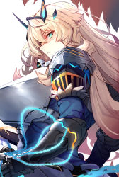 Rule 34 | 1girl, absurdres, armor, blonde hair, blouse, blue eyes, blue shirt, breastplate, breasts, chain, barghest (fate), barghest (first ascension) (fate), fate/grand order, fate (series), faulds, hair between eyes, highres, horns, large breasts, long hair, looking at viewer, ninoude (ninoude44), pauldrons, shirt, shoulder armor, solo, sword, weapon