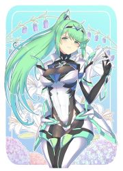 Rule 34 | 1girl, breasts, cat with a brush, chest jewel, earrings, gem, gloves, greek text, green eyes, green hair, headpiece, high heels, highres, jewelry, large breasts, long hair, pneuma (xenoblade), ponytail, solo, swept bangs, tiara, very long hair, xenoblade chronicles (series), xenoblade chronicles 2
