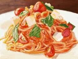 Rule 34 | cherry tomato, food, food focus, no humans, noodles, obatti47, original, pasta, plate, shadow, still life, tomato