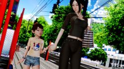 Rule 34 | 2girls, 3d, age difference, artist request, black hair, blush, flat chest, height difference, highres, holding hands, multiple girls, outdoors, shirt, shorts, t-shirt, tagme, twintails, walking