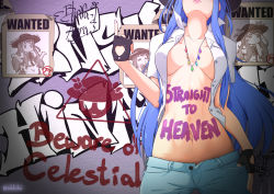 Rule 34 | 1girl, absurdres, alternate costume, blue hair, body writing, breasts, collarbone, commentary, delinquent, denim, english commentary, english text, fingerless gloves, gloves, graffiti, head out of frame, highres, hinanawi tenshi, jeans, jewelry, long hair, medium breasts, navel, necklace, no bra, aged up, open clothes, open fly, open shirt, pants, parted lips, partially undressed, rainbow neckwear, rakkidei, shirt, solo, touhou, twitter username, unbuttoned, unbuttoned shirt, upper body, wanted, watermark, white shirt