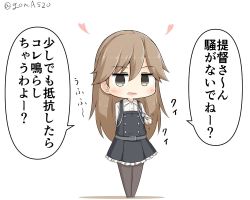 Rule 34 | 1girl, arashio (kancolle), arashio kai ni (kancolle), black pantyhose, brown eyes, brown hair, chibi, commentary request, crime prevention buzzer, dress, frilled dress, frills, full body, goma (yoku yatta hou jane), kantai collection, long hair, long sleeves, one-hour drawing challenge, open mouth, pantyhose, pinafore dress, shirt, simple background, sleeveless, sleeveless dress, solo, standing, translation request, twitter username, white background, white shirt