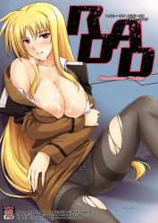 Rule 34 | 00s, 1girl, aftersex, against wall, arm grab, black panties, black pantyhose, blonde hair, blush, breasts, cleavage, clenched teeth, cover, covered erect nipples, crotch seam, cum, cum on body, cum on breasts, cum on upper body, fate testarossa, ishigaki takashi, lace, lace panties, large breasts, long hair, low-tied long hair, lyrical nanoha, mahou shoujo lyrical nanoha, mahou shoujo lyrical nanoha strikers, no bra, off shoulder, open clothes, open shirt, panties, panties under pantyhose, pantyhose, pantyshot, red eyes, shirt, sitting, solo, spread legs, teeth, thighband pantyhose, torn clothes, torn pantyhose, underwear, undressing, uniform, upskirt, very long hair