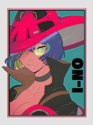Rule 34 | 1girl, absurdres, blue hair, choker, guilty gear, guilty gear strive, hat, highres, i-no, jacket, lips, looking at viewer, portrait, red headwear, red jacket, short hair, straight hair, sunglasses, tinted eyewear, very short hair, witch hat, yohane shimizu