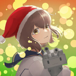 Rule 34 | 1girl, blue sailor collar, blush, brown eyes, brown hair, closed mouth, commentary request, dress, from side, hair between eyes, hat, highres, kantai collection, long sleeves, pom pom (clothes), red headwear, rensouhou-chan, sailor collar, sailor dress, santa hat, short hair, upper body, white dress, yuki 4040, yukikaze (kancolle), yukikaze kai ni (kancolle)